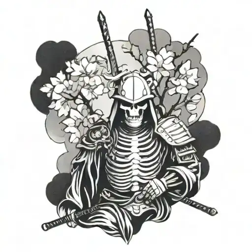 Skeleton Samurai Under Cherry Blossom