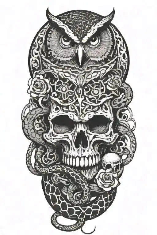 Snake Coiling With Owl And Skull