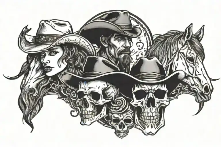 Cowgirl And Cowboy Skull Surrounded