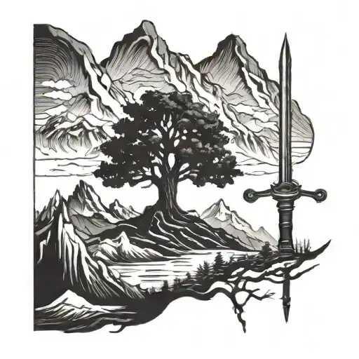 Sword And Tree And Mountain Range Silhouette