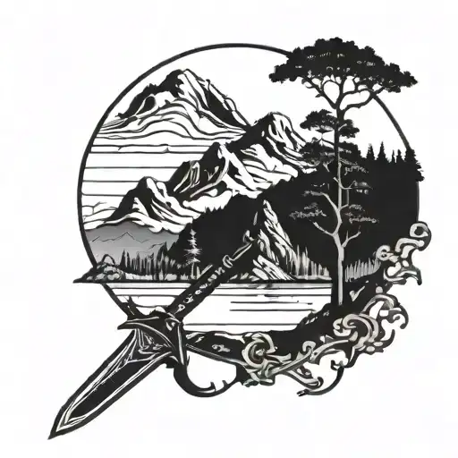 Sword And Tree And Mountain Range Silhouette Surrounded