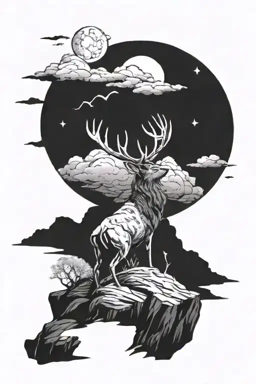 Stag Covered In Shadow On The Edge Of A Cliff With The Moon Between Its Antlers