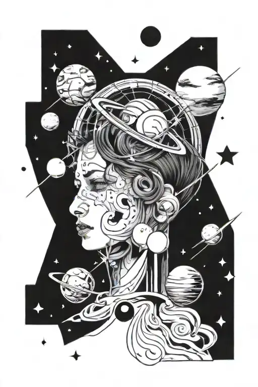Broken Head Of Woman With Stars And Planets Orbiting