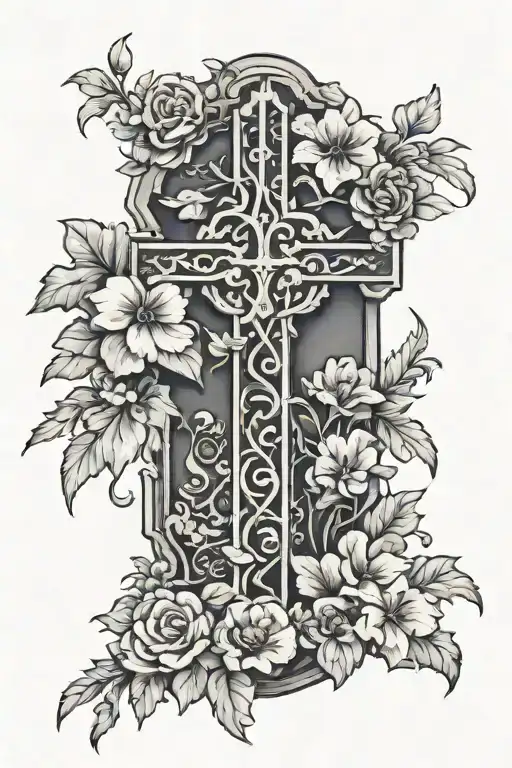 Christian Cross On Grave With Flowers Growing