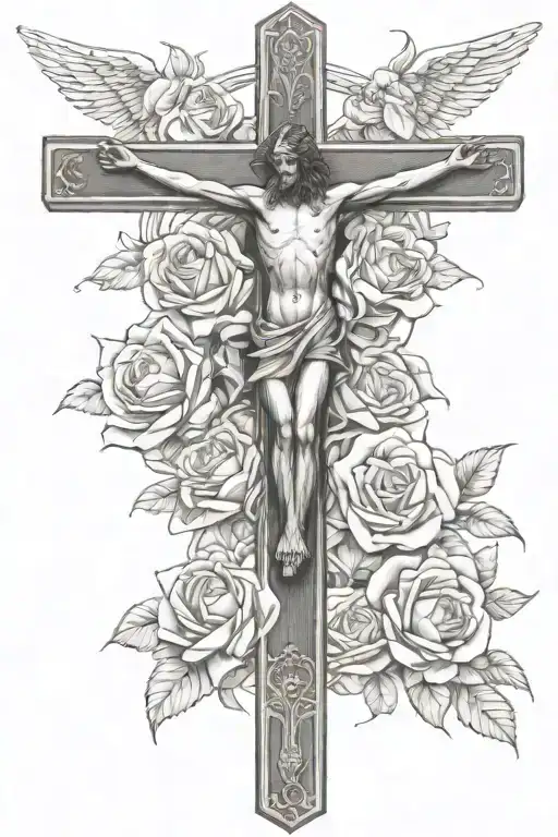 Crucifix With Angel Looking Down And Roses From Bottom Up Forearm Half Sleeve