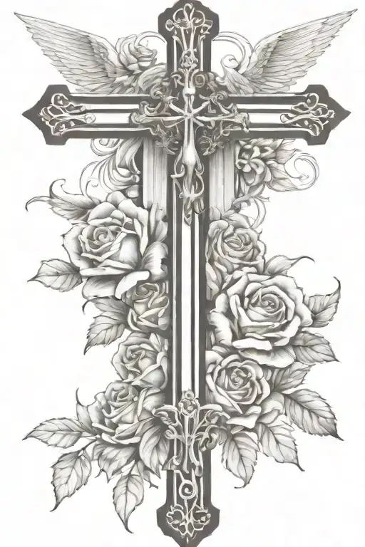 Christian Cross With Angel Looking Down And Roses From Bottom Forearm Half Sleeve