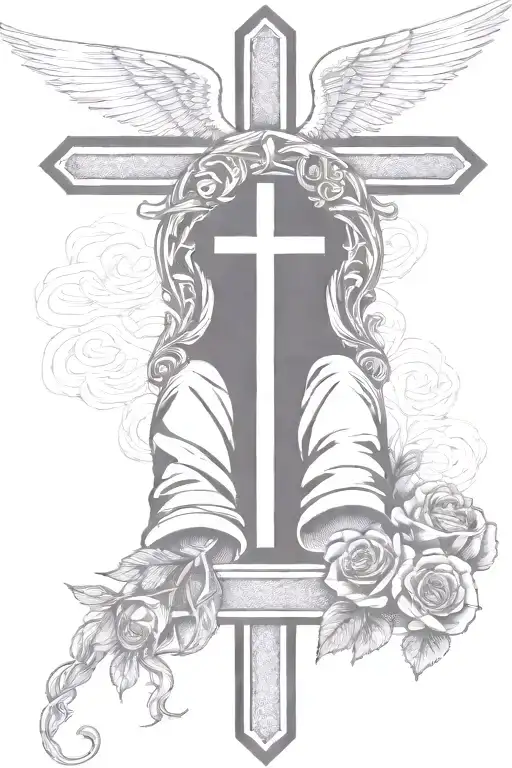 Christian Cross On Grave With Angel Looking Down And Roses Growing Forearm Half Sleeve