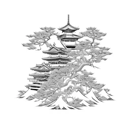 Japanese Samurai With Temple And Dragon Intertwined With A Bonsai Tree Around 12Cm