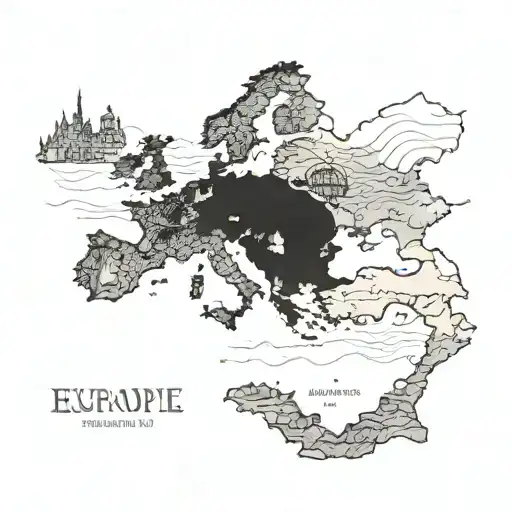 A Blackwork Tattoo Of A Detailed Map Of Europe With Landmarks Highlighted As Travel Destinations