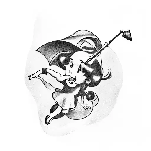 40S Realistic Cartoon Girl With A Dress Falling And Gliding With A Singular Umbrella