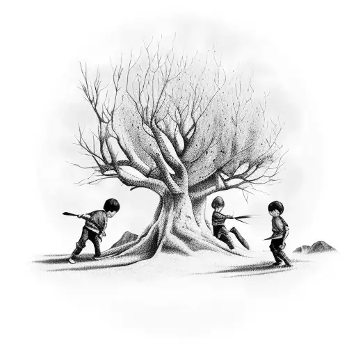 Three Boys Playing Under An Old Tree In Georgia