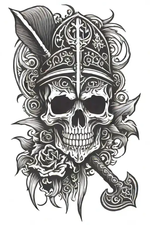 Skull With Tribal Tattoo And Spear And Stone Axe Cross
