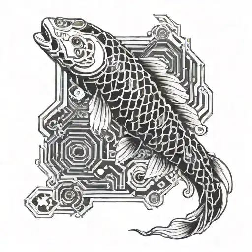 A Cybernetic Japanese Koi Fish Swimming Through A Digital Circuit Board