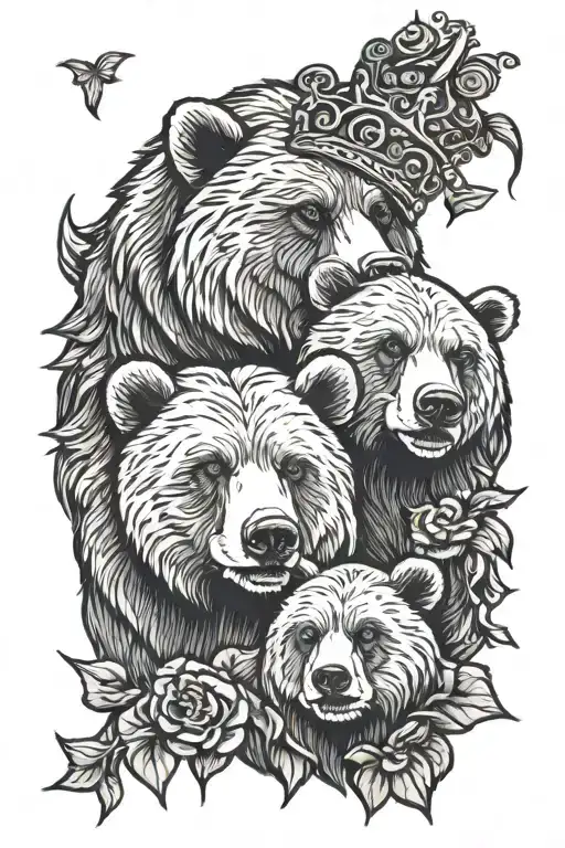 Grizzly Bear With 1 Cub With A Crown And 2 Cubs With Bows In Hair