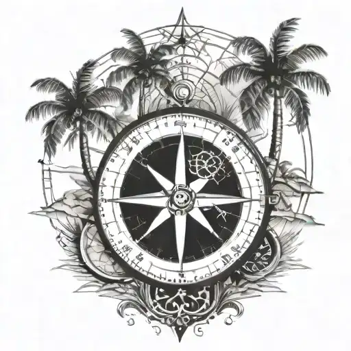 Compass And Palm Trees And Map With Compass