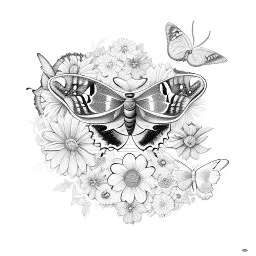 A Moth And Butterfly Hybrid Surrounded By Flowers In A Surreal Garden