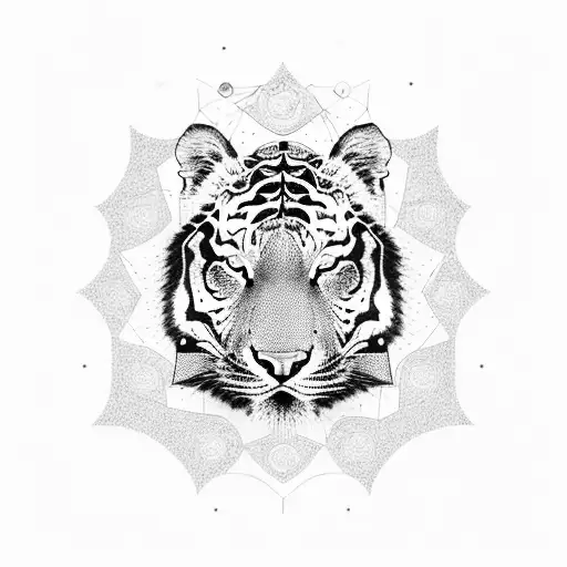 A Mesmerizing Blackwork Tattoo Of A Tiger Surrounded By Intricate Geometric Patterns