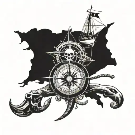 Nautical Theme With Skull Compass And Map Made