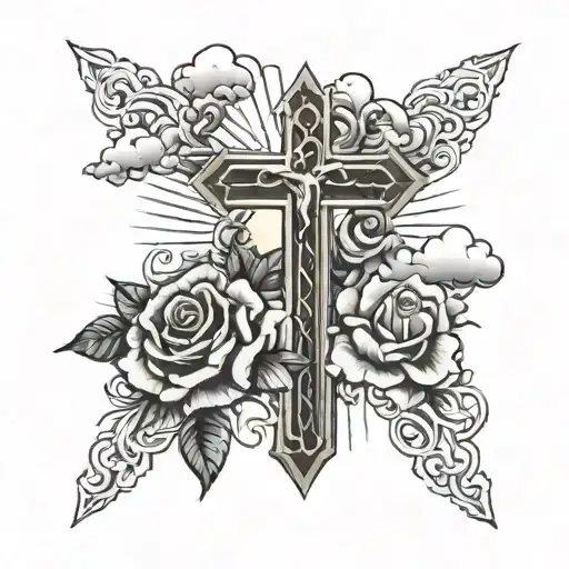 Cross And Rosses Surrounded By Clouds And Sun Rays