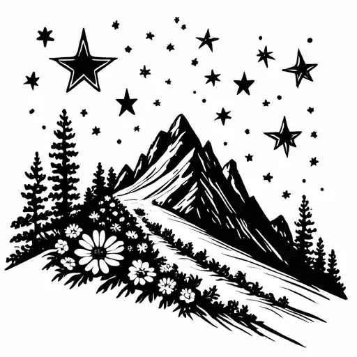 A Trail Of Flowers And Stars Leading Up A Mountain Peak