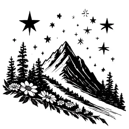 A Trail Of Flowers And Stars Leading Up A Mountain Peak