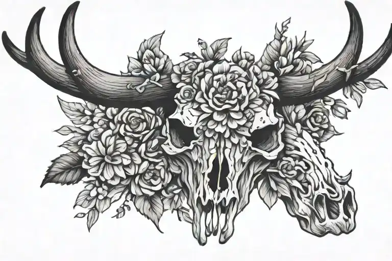 Longhorn Skull With Flowers Growing