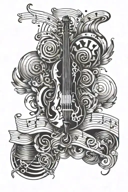 A Graphic Design Inspired Tattoo Featuring A Mix Of Music And Religious Imagery