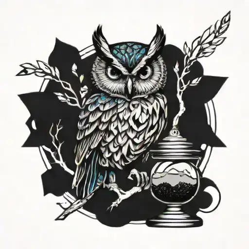 Brown Owl With A Blue Broken Hour Glass With Little Sand On A Tree Branch