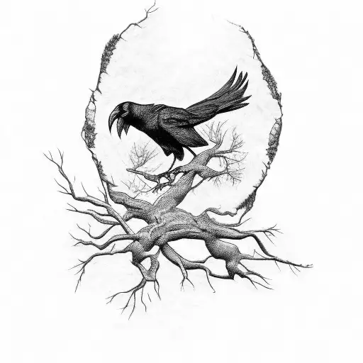 Raven Perched On A Warped Tree Branch