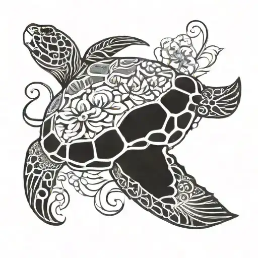 Tribal Sea Turtle With Flowers And Maui Hook Intertwined