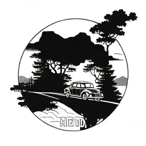 A Detailed Blackwork Tattoo Of A Vintage Car Driving Through A Scenic Natural Landscape