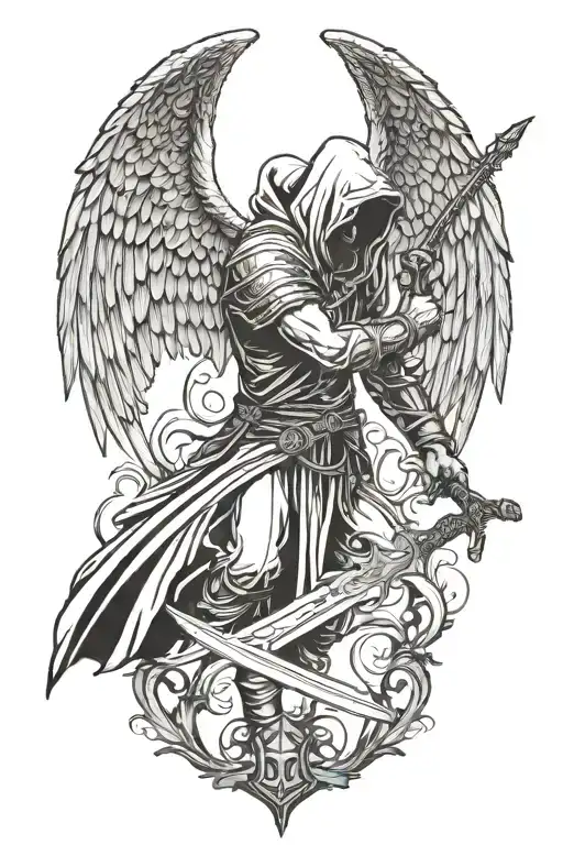 Hooded Arch Angel With Wings Holding A Sword Downwards