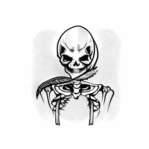 A Skeleton With A Feather Cover Holding A Scythe