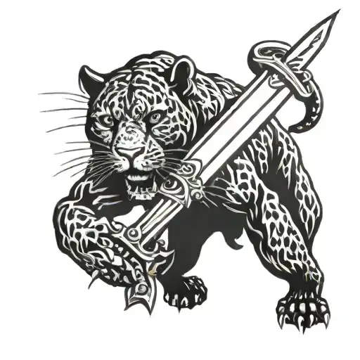 Panther Walking With Sword In Mouth Blackwork