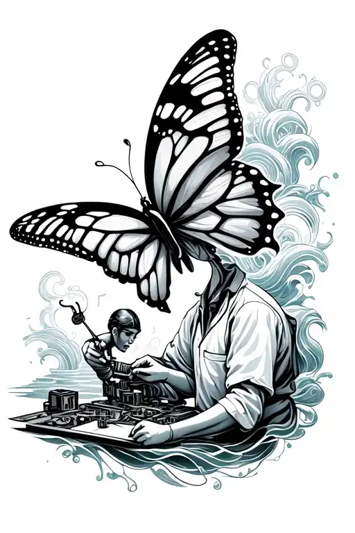 A Technicien Working On A Mechanical Butterfly With Musical Gears And Ocean Waves In The Background