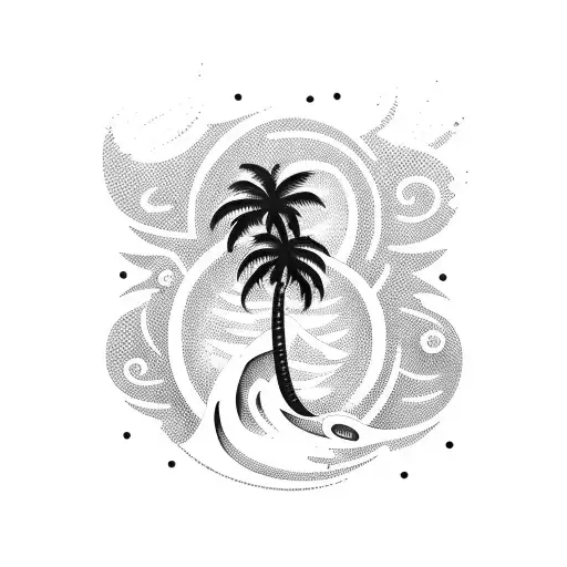 A Palm Tree Shaped Like A Guitar With Waves Crashing Around It