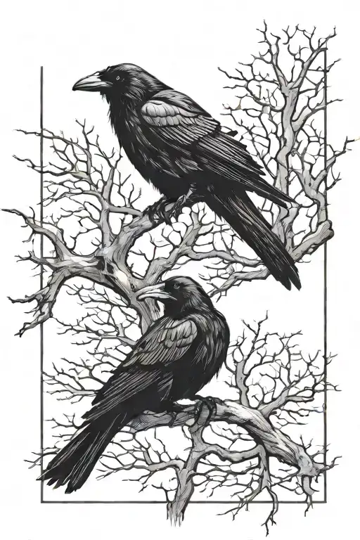 Skeletal Raven Perched In A Dead Tree