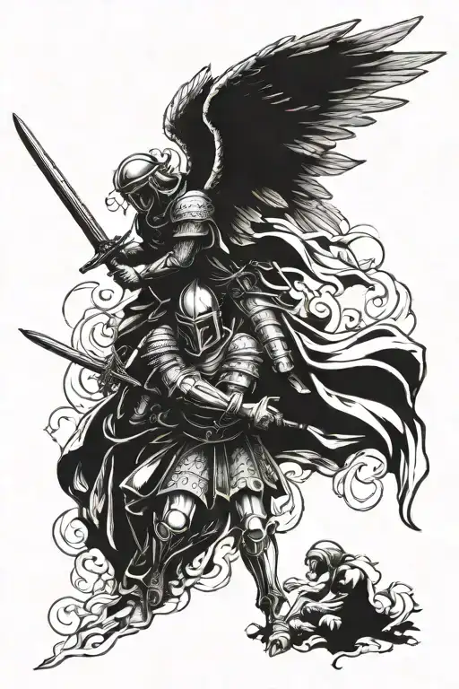 Angel Flying Behind Kneeling Knight Holding A Sword