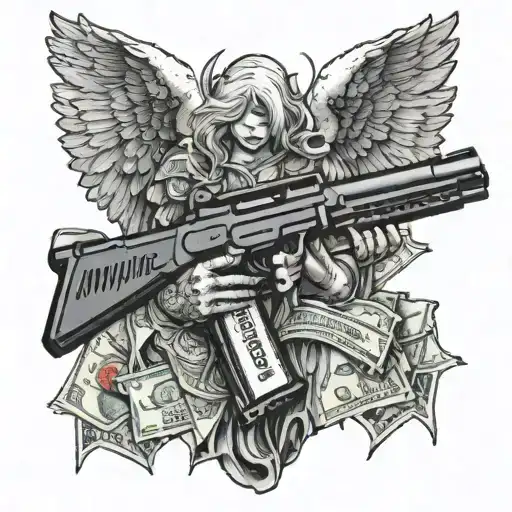 Fallen Angel Holding A Gun Made Of Money With A Cool Background