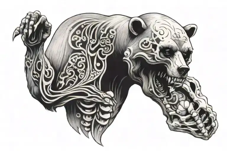 A Black Work Chest Tattoo Of A Bear With A Skull In Its Mouth
