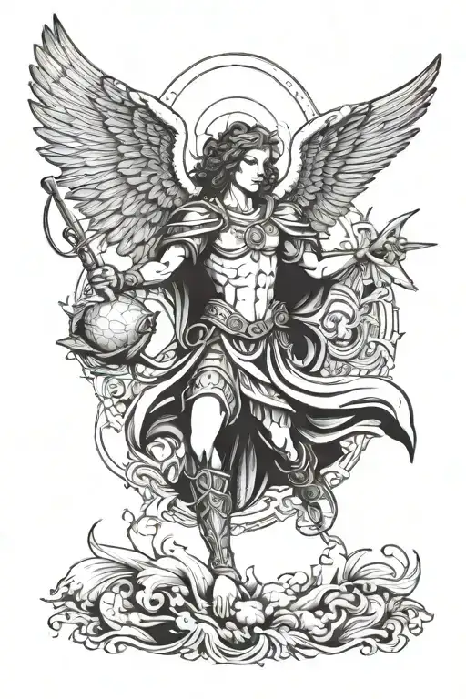 Archangel Raphael Holding Staff Wings Spread With Fish Jumping In Background