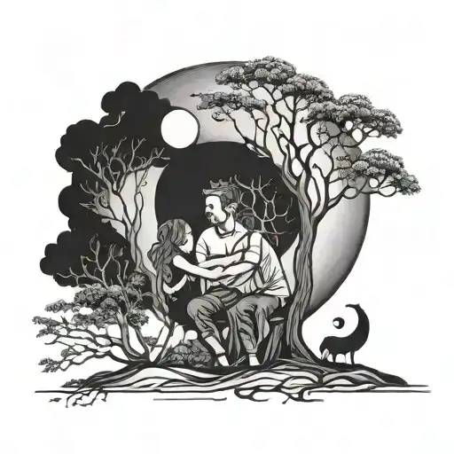 Dad Mom Daughter And Son Combine With Tree And The Moon