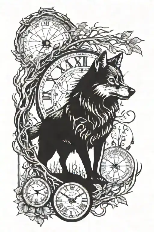 Wolf With Trees And A Clock Face