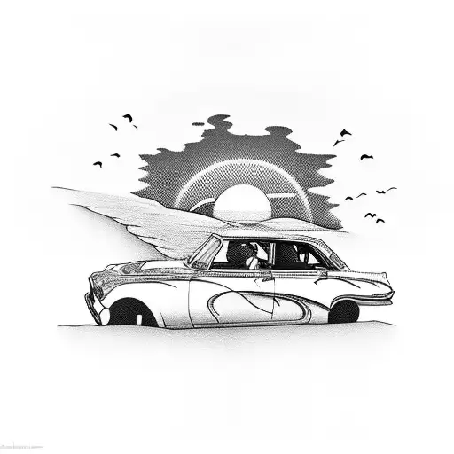 Classic Car Driving On A Beach Sunset