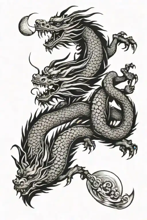 Japanese Dragon Flying Up Towards Moon