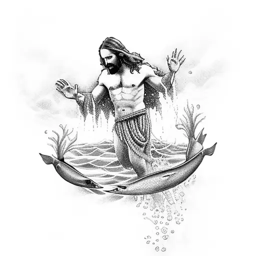 An Underwater Scene With Jesus Walking On Water Surrounded By Playful Mermaids