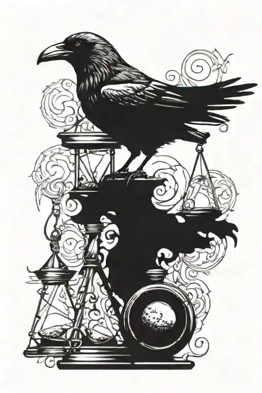Crow And Hourglass Filled With Swirling