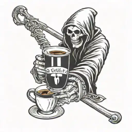 Grim Reaper With Scythe And Cup Of Coffee With Memento Mori Inscription