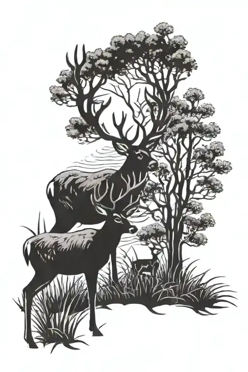 Doe And Stag In Forest Eating Grass Looking