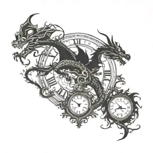 Dragon Tattoo And Vintage Clock Surrounded
